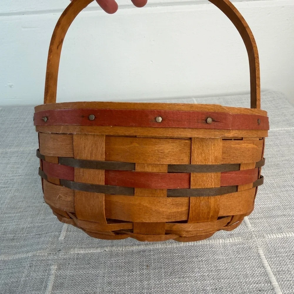 1989 Longaberger All American Stitching Basket Red Blue Stationary Handle USA